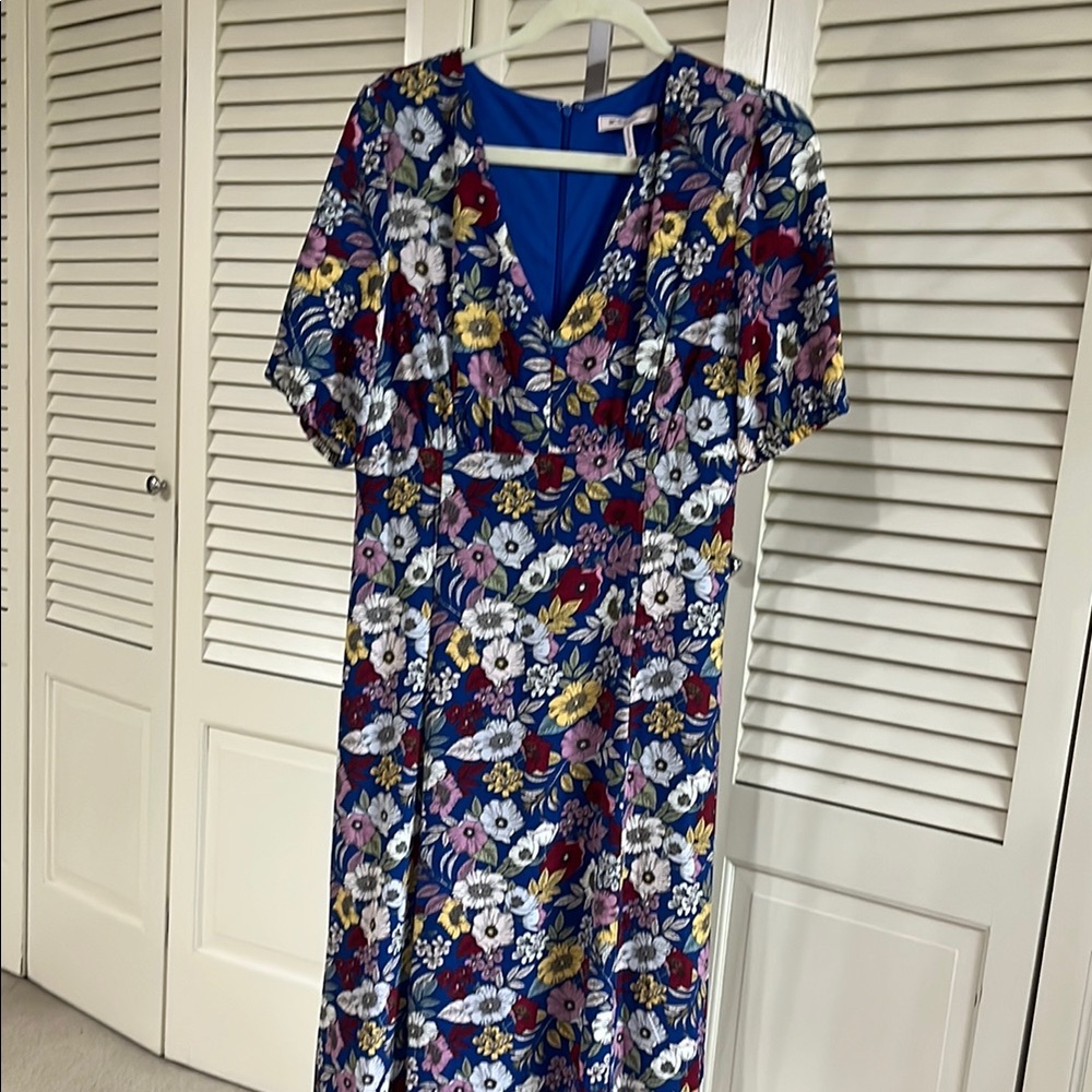 Pink and Purple Midi Sundress with V-Neck and Bishop Sleeves